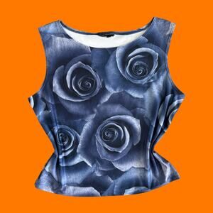 90's vintage blue cyber digital rose print bodycon tank top L/XL